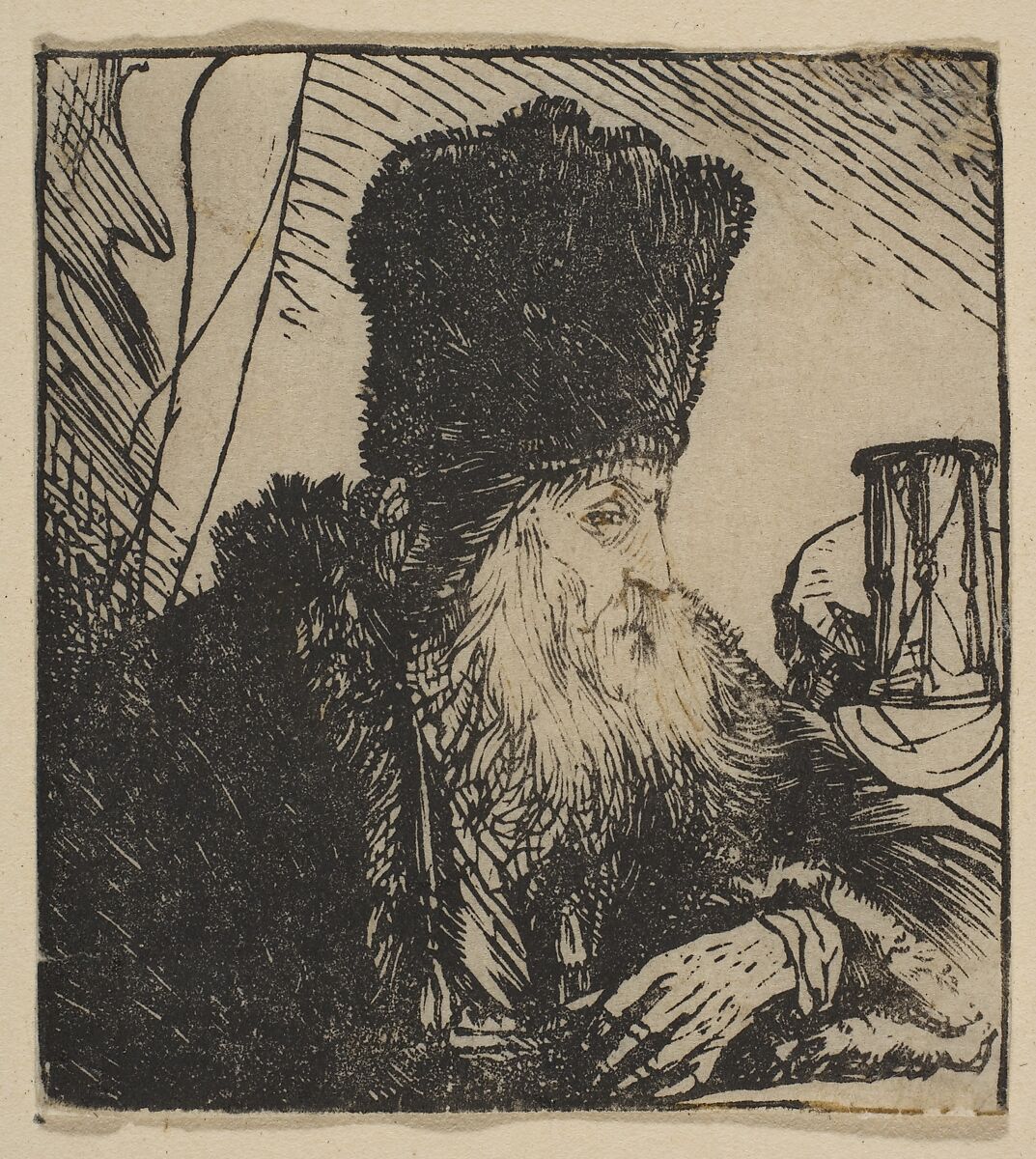 Philosopher with an Hourglass, Jan Lievens (Dutch, Leiden 1607–1674 Amsterdam), Woodcut; first of two states 