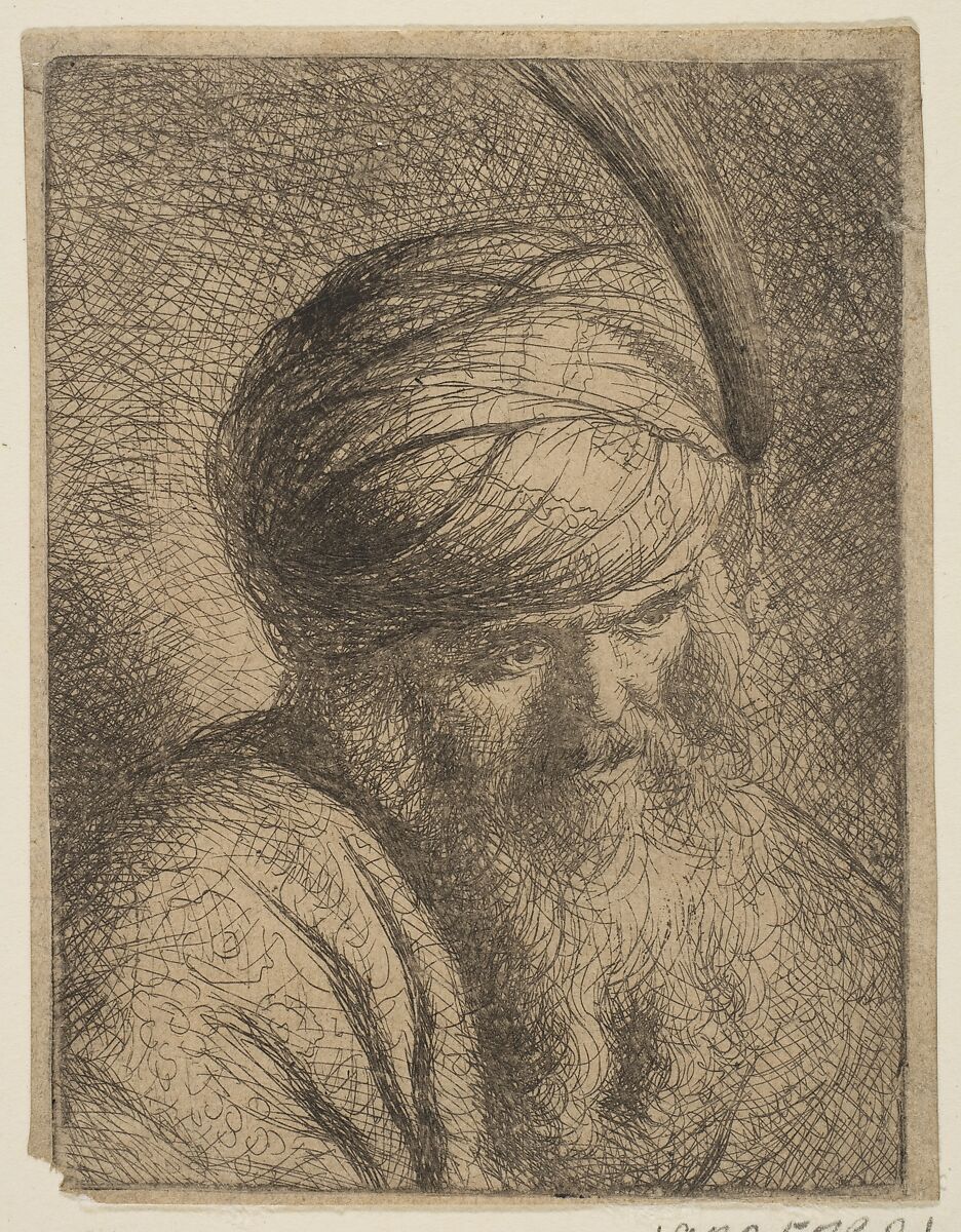 Bust of a Man in a Feathered Turban and Long Beard, Circle of Rembrandt (Rembrandt van Rijn) (Dutch, Leiden 1606–1669 Amsterdam), Etching 
