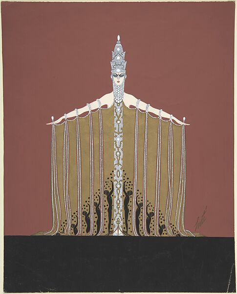 "La Domination" Beaded Costume Design with Silver Headdress and Gold Curtain Draped from Arms for "L'Or," Ziegfield Follies, Erté (Romain de Tirtoff) (French (born Russia), St. Petersburg 1892–1990 Paris) 