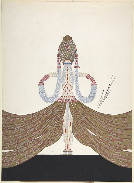 "La Richess" Costume Design with Ropes of White and Red Beads and a Large Gold Headdress for "L'Or," Ziegfield Follies, Erté (Romain de Tirtoff) (French (born Russia), St. Petersburg 1892–1990 Paris) 