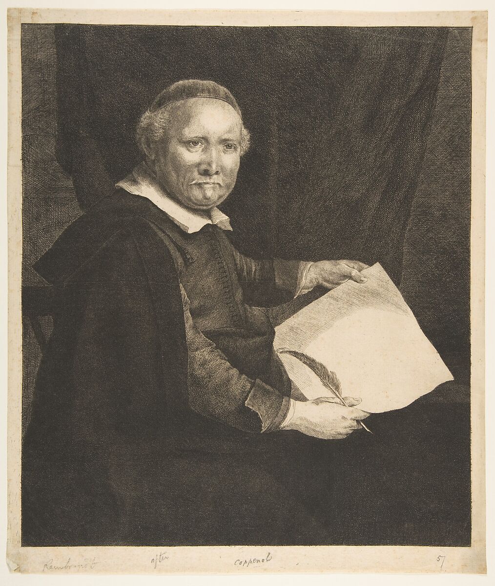 Lieven Willemsz van Coppenol, Writing Master: the Larger Plate (copy), After Rembrandt (Rembrandt van Rijn) (Dutch, Leiden 1606–1669 Amsterdam), Etching 