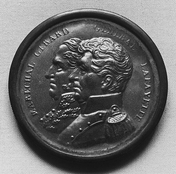 Disk of General Lafayette and Marshal Gerard, Gilt brass, glass, copper