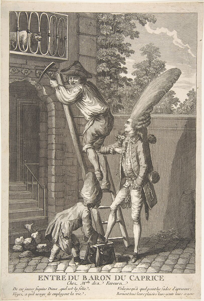 The Entry of the Baron of Caprice to the Home of Miss Favors (Entré du Baron du Caprice chez Melle des Faveurs), Anonymous, French, 18th century, Etching 