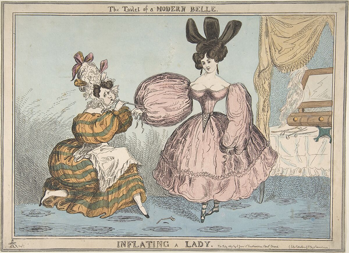 The Toilet of a Modern Belle: Inflating a Lady, Imitator of William Heath (&#39;Paul Pry&#39;) (British, Northumbria 1794/95–1840 Hampstead), Hand-colored etching 