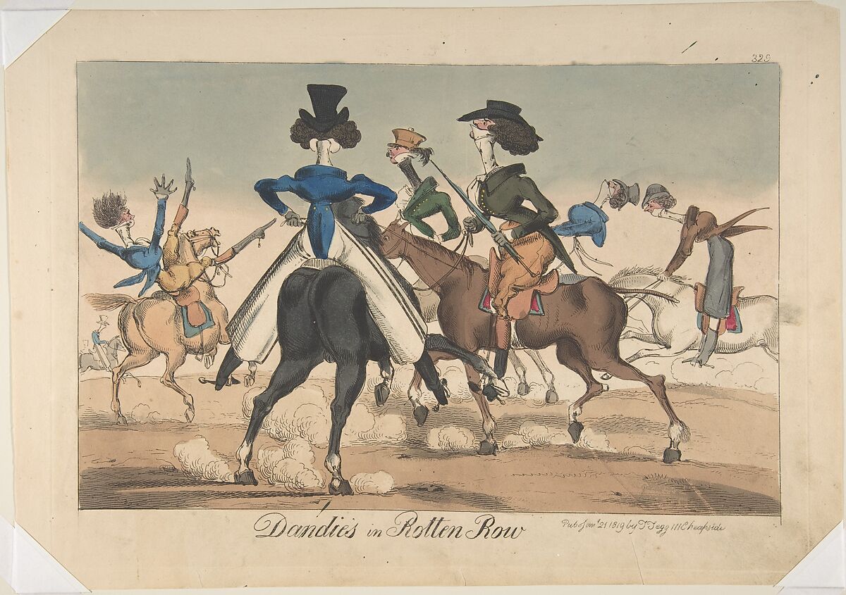 Dandies in Rotten Row, Attributed to William Heath (&#39;Paul Pry&#39;) (British, Northumbria 1794/95–1840 Hampstead), Hand-colored etching 