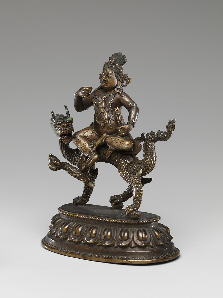 White Jambhala on a Dragon, Brass with pigment, inlaid with copper and silver; lost-wax cast, Mongolia