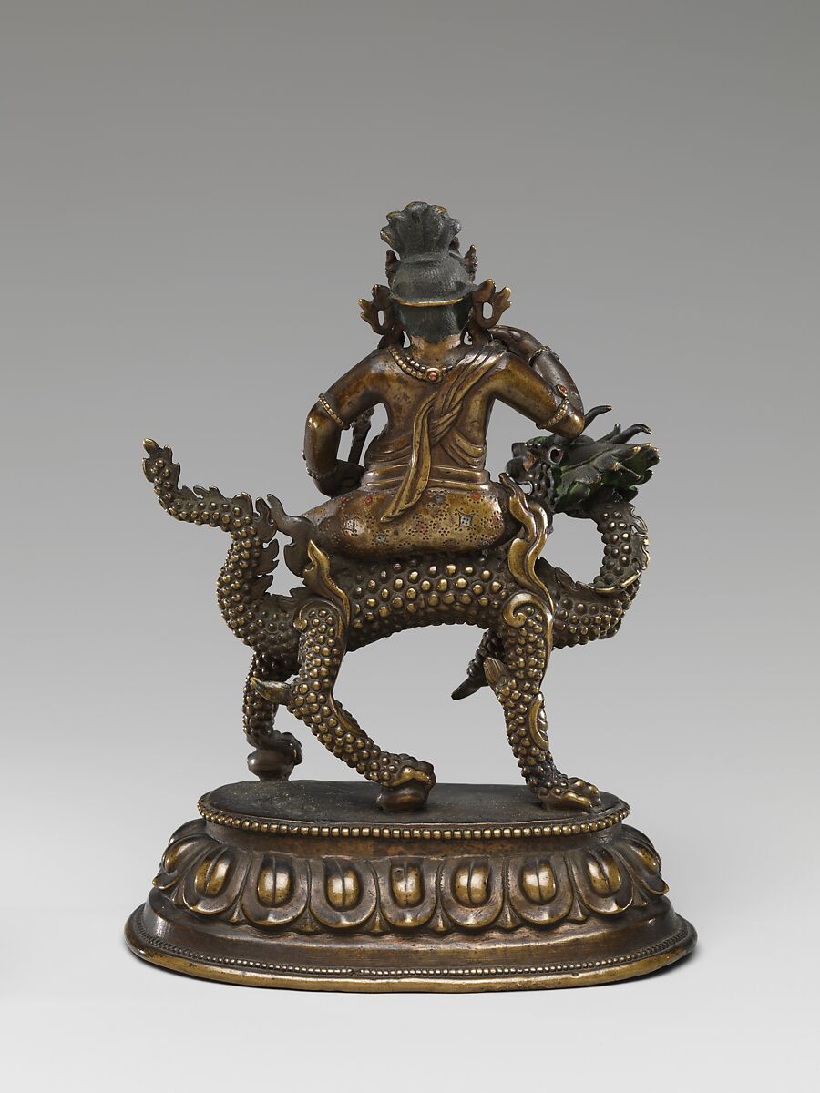 White Jambhala on a Dragon, Brass with pigment, inlaid with copper and silver; lost-wax cast, Mongolia