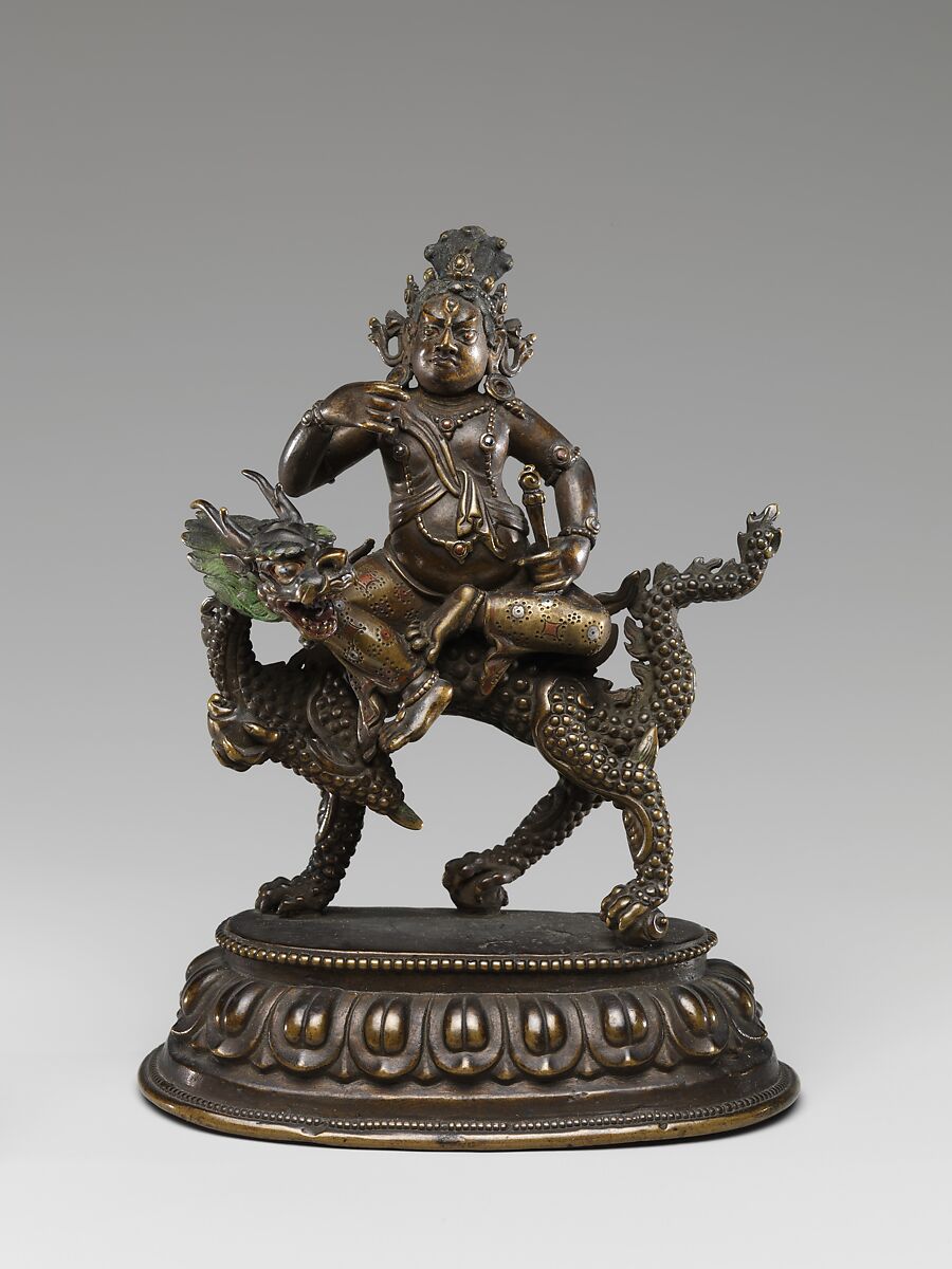 White Jambhala on a Dragon, Brass with pigment, inlaid with copper and silver; lost-wax cast, Mongolia 