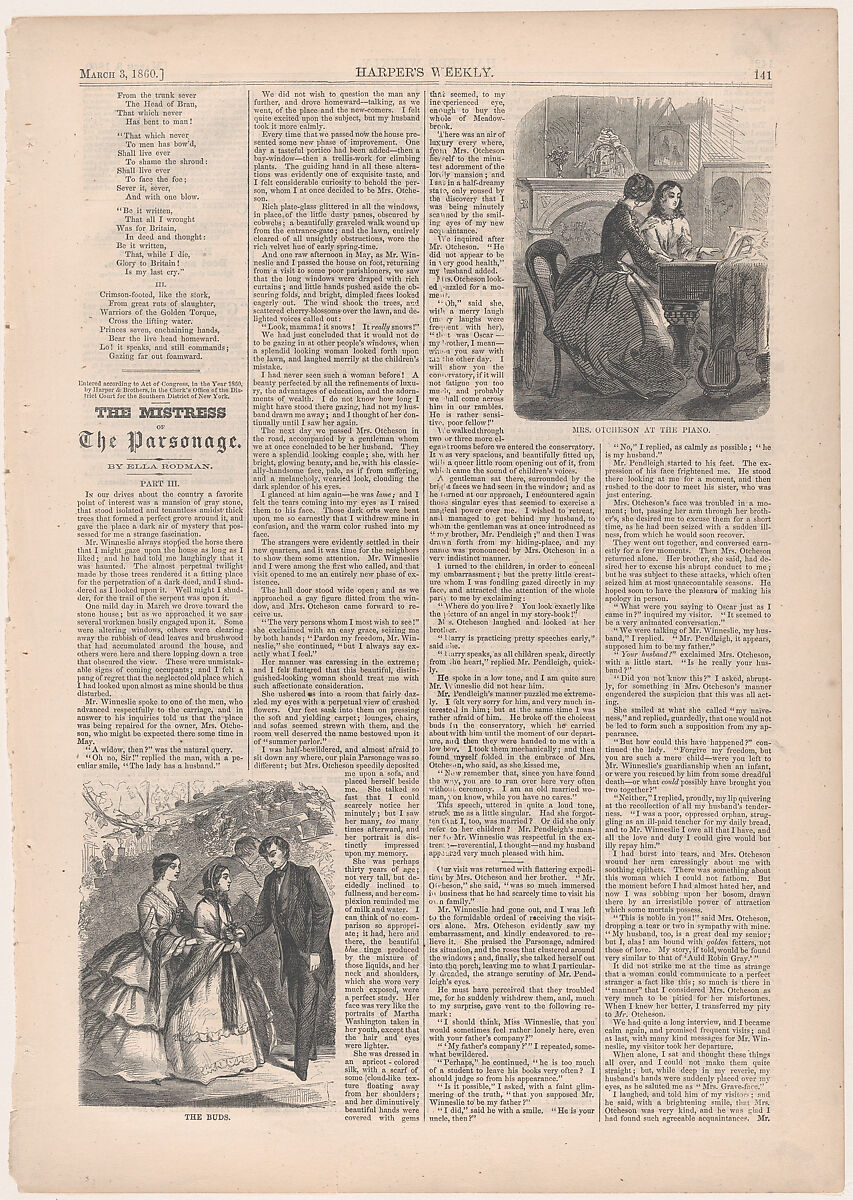 Mrs. Otcheson at the Piano, and The Buds (from "The Mistress of the Parsonage," in "Harper's Weekly"), After Winslow Homer (American, Boston, Massachusetts 1836–1910 Prouts Neck, Maine), Wood engraving 