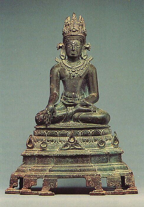 Seated Crowned and Jeweled Buddha, Bronze with silver inlay, India 