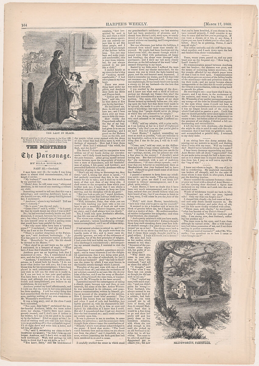 The Lady in Black, Meadowbrook Parsonage (from "The Mistress of the Parsonage," in "Harper's Weekly"), After Winslow Homer (American, Boston, Massachusetts 1836–1910 Prouts Neck, Maine), Wood engraving 