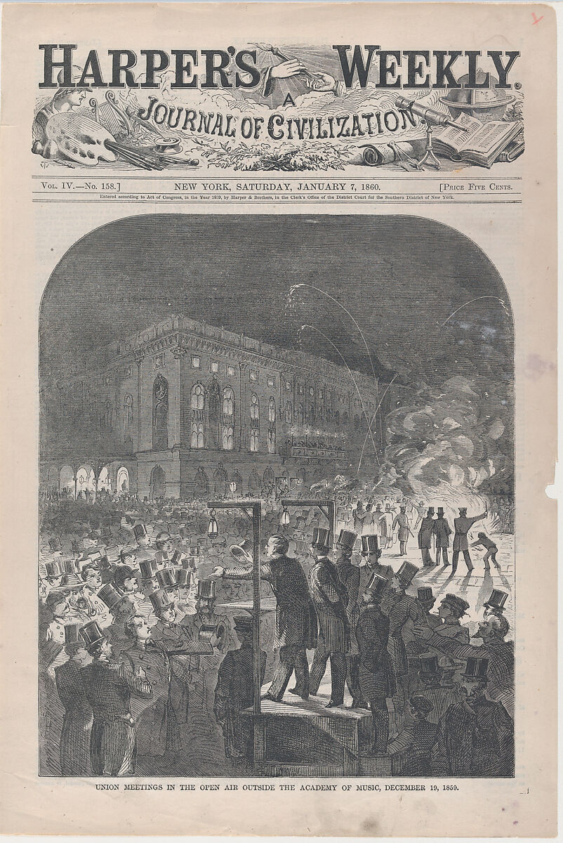Union Meetings in the Open Air Outside the Academy of Music, December 19, 1859 (from "Harper's Weekly," Vol. III), Formerly said to be after Winslow Homer (American, Boston, Massachusetts 1836–1910 Prouts Neck, Maine), Wood engraving 