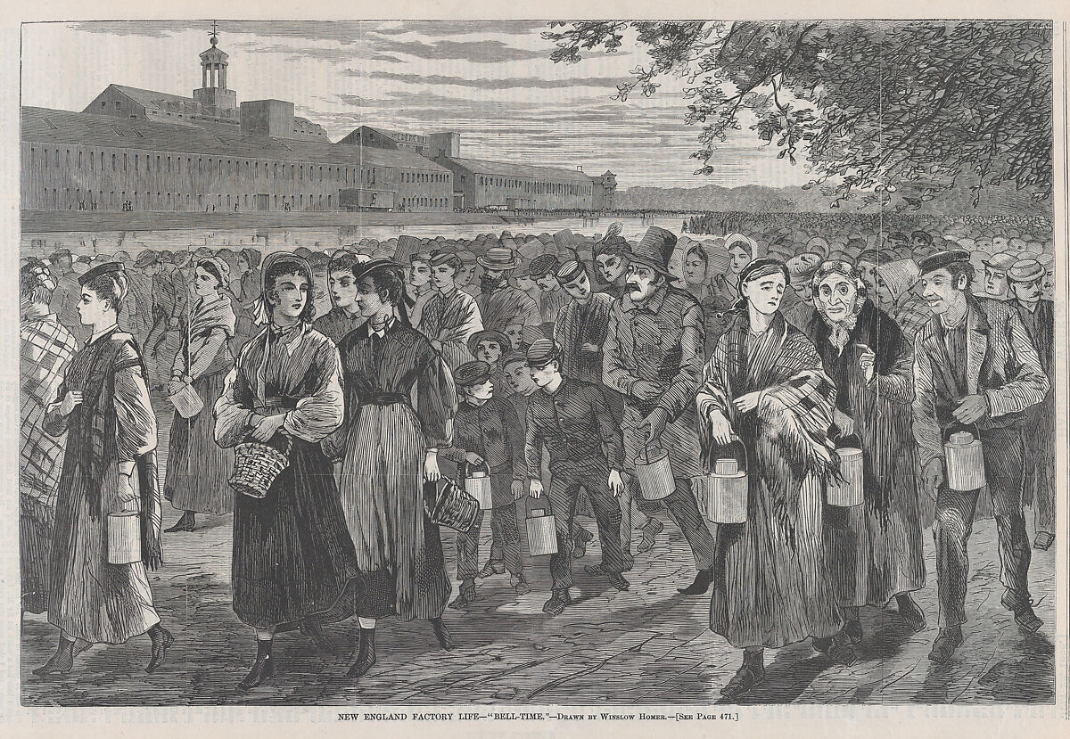New England Factory Life – "Bell Time" (from "Harper's Weekly," Vol. XII), After Winslow Homer (American, Boston, Massachusetts 1836–1910 Prouts Neck, Maine), Wood engraving 
