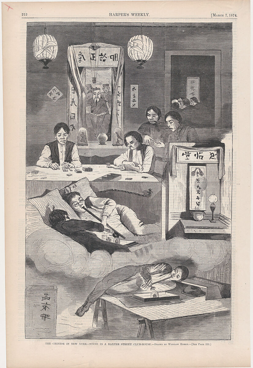 The Chinese in New York – Scene in a Baxter Street Club-House (from "Harper's Weekly," Vol. XVIII), After Winslow Homer (American, Boston, Massachusetts 1836–1910 Prouts Neck, Maine), Wood engraving 