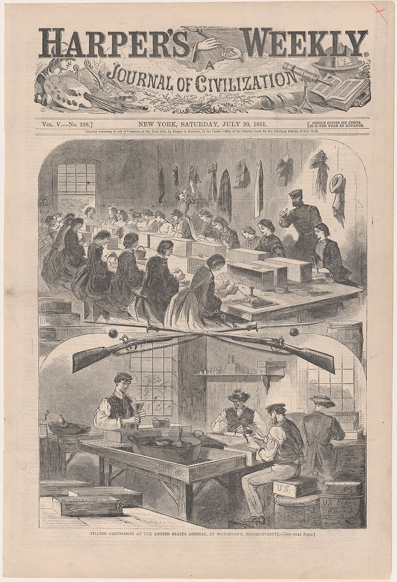 Filling Cartridges at the United States Arsenal, at Watertown, Massachusetts (from "Harper's Weekly," Vol. 5, no. 238, cover), After Winslow Homer (American, Boston, Massachusetts 1836–1910 Prouts Neck, Maine), Wood engraving 