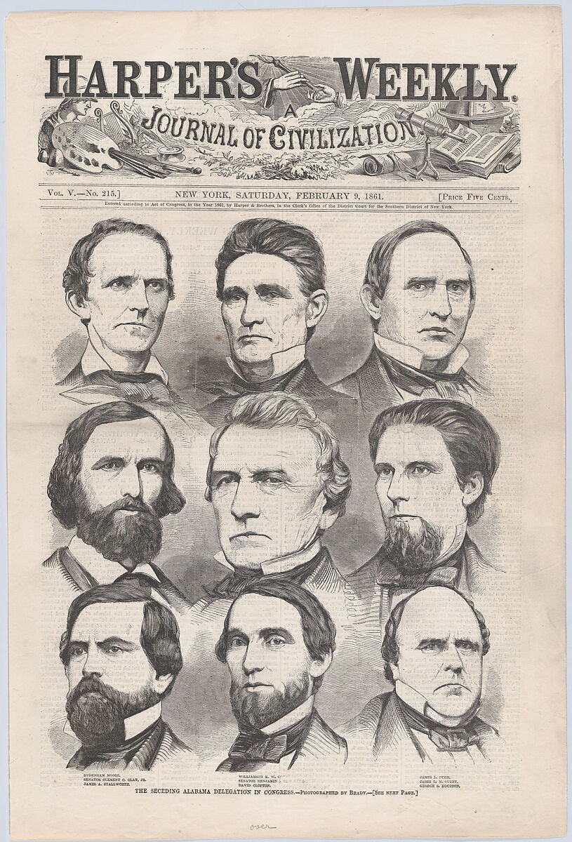 The Seceding Alabama Delegation in Congress (from "Harper's Weekly," Vol. 5, no. 215, cover), Designed and engraved by Anonymous, American, 19th century, Wood engraving 