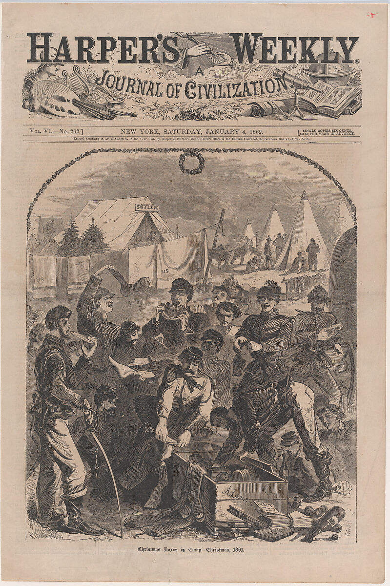 Christmas Boxes in Camp – Christmas, 1861 (from "Harper's Weekly," Vol. VI), After Winslow Homer (American, Boston, Massachusetts 1836–1910 Prouts Neck, Maine), Wood engraving 