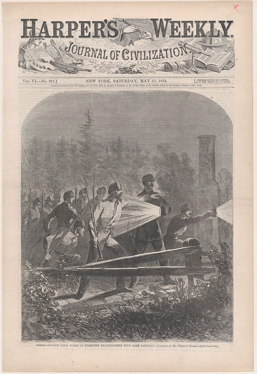 Rebels Outside Their Works at Yorktown, Reconnoitring [sic] with Dark Lanterns (from "Harper's Weekly," Vol. VI), After Winslow Homer (American, Boston, Massachusetts 1836–1910 Prouts Neck, Maine), Wood engraving 