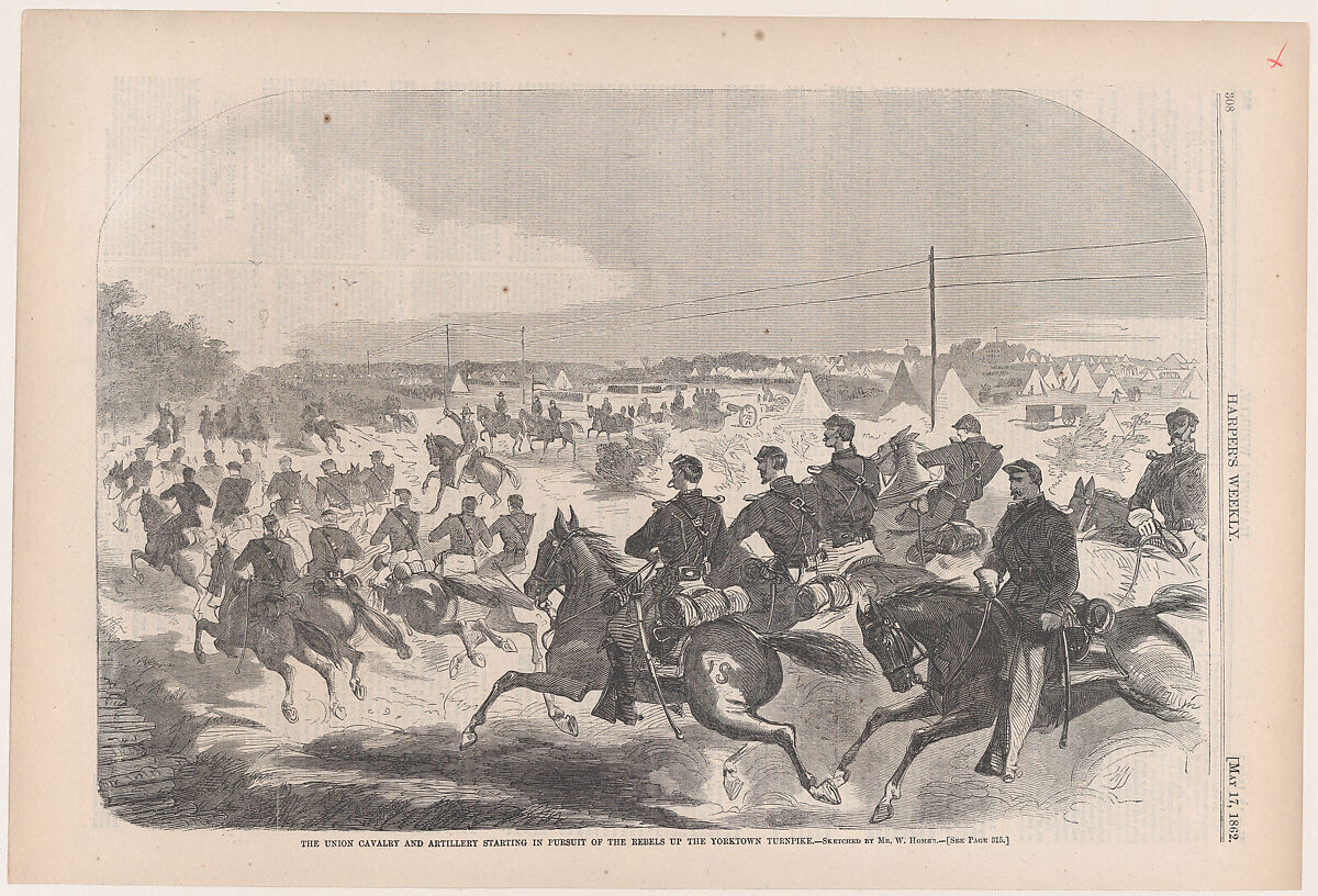 The Union Cavalry and Artillery Starting in Pursuit of the Rebels up the Yorktown Turnpike (from "Harper's Weekly," Vol. VI), After Winslow Homer (American, Boston, Massachusetts 1836–1910 Prouts Neck, Maine), Wood engraving 