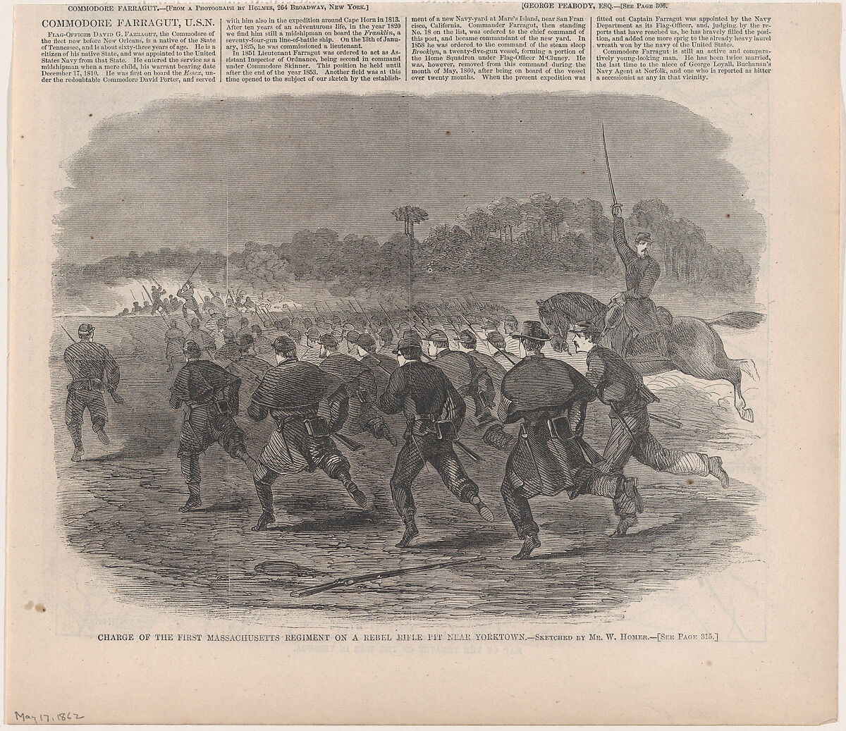 Charge of the First Massachusetts Regiment on a Rebel Rifle Pit Near Yorktown (from "Harper's Weekly," Vol. VI), After Winslow Homer (American, Boston, Massachusetts 1836–1910 Prouts Neck, Maine), Wood engraving 