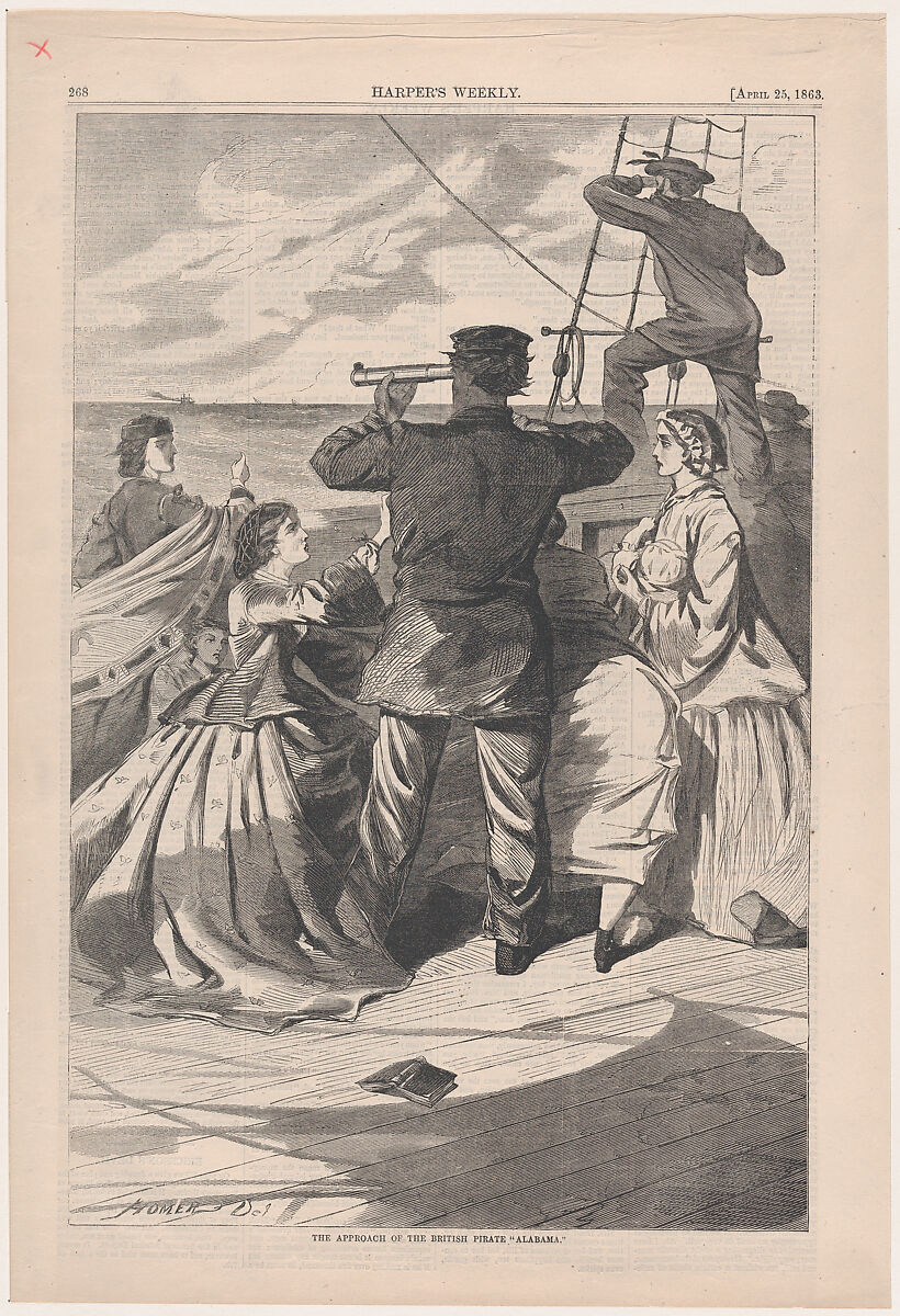 The Approach of the British Pirate "Alabama" (from "Harper's Weekly," Vol. VII), After Winslow Homer (American, Boston, Massachusetts 1836–1910 Prouts Neck, Maine), Wood engraving 