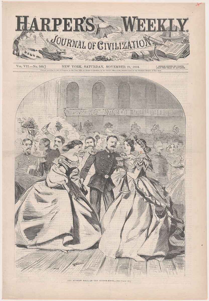 The Russian Ball – In the Supper Room (from "Harper's Weekly," Vol. VII), After Winslow Homer (American, Boston, Massachusetts 1836–1910 Prouts Neck, Maine), Wood engraving 