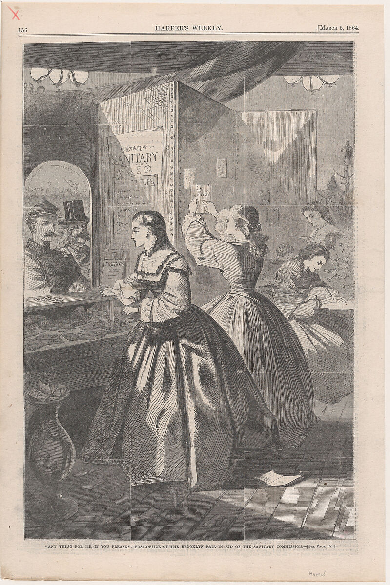 "Any Thing for Me, if you Please?" Post-Office of the Brooklyn Fair in Aid of the Sanitary Commission (from "Harper's Weekly," Vol. VIII), After Winslow Homer (American, Boston, Massachusetts 1836–1910 Prouts Neck, Maine), Wood engraving 