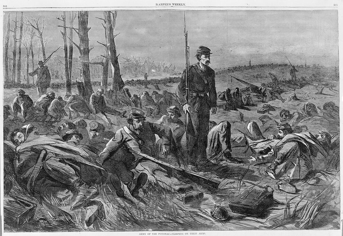 Army of the Potomac – Sleeping on Their Arms (from "Harper's Weekly," Vol. VIII), Formerly attributed to Winslow Homer (American, Boston, Massachusetts 1836–1910 Prouts Neck, Maine), Wood engraving 