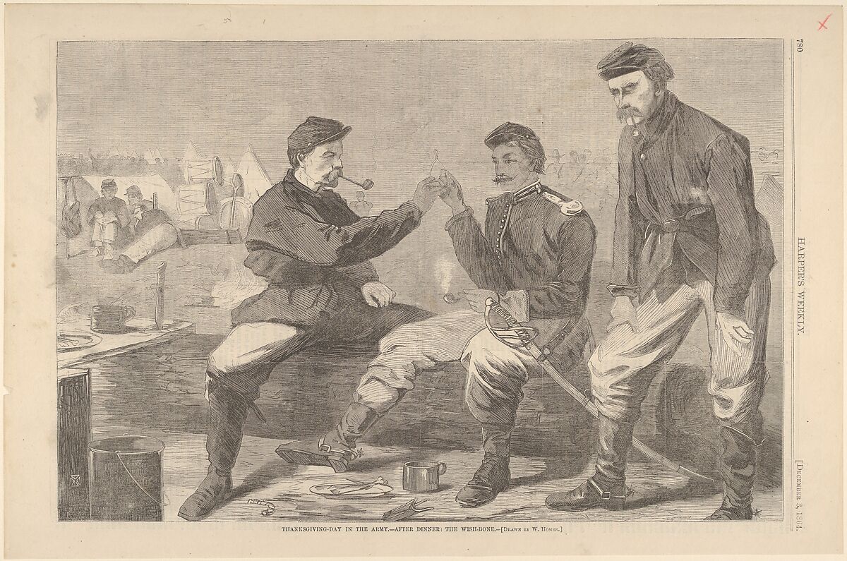 Thanksgiving Day in the Army – After Dinner: The Wish-Bone (from "Harper's Weekly," Vol. VIII), After Winslow Homer (American, Boston, Massachusetts 1836–1910 Prouts Neck, Maine), Wood engraving 