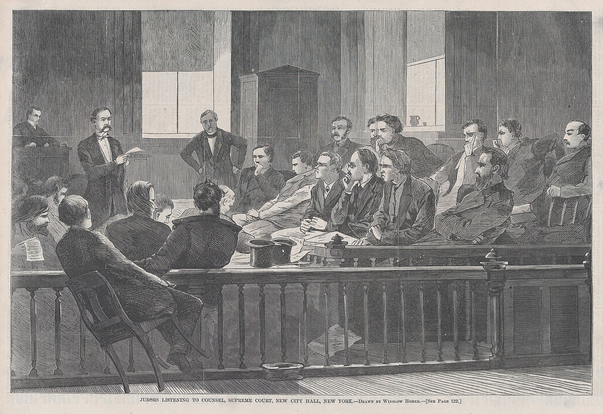 Jurors Listening to Counsel, Supreme Court, New York City Hall, New York (from "Harper's Weekly," Vol. XIII), After Winslow Homer (American, Boston, Massachusetts 1836–1910 Prouts Neck, Maine), Wood engraving 