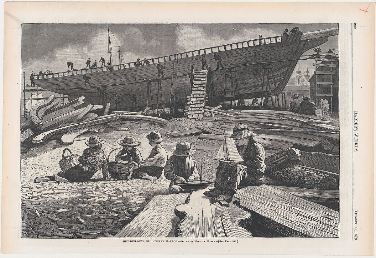 Ship-Building, Gloucester Harbor (from "Harper's Weekly," Vol. XVII), After Winslow Homer (American, Boston, Massachusetts 1836–1910 Prouts Neck, Maine), Wood engraving 