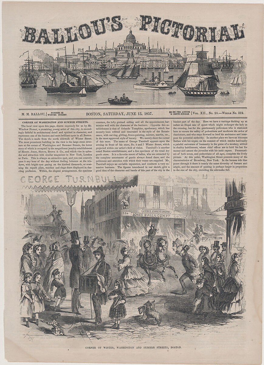 Corner of Winter, Washington and Summer Streets, Boston (Ballou's Pictorial Drawing Room Companion, Vol. XII), After Winslow Homer (American, Boston, Massachusetts 1836–1910 Prouts Neck, Maine), Wood engraving 