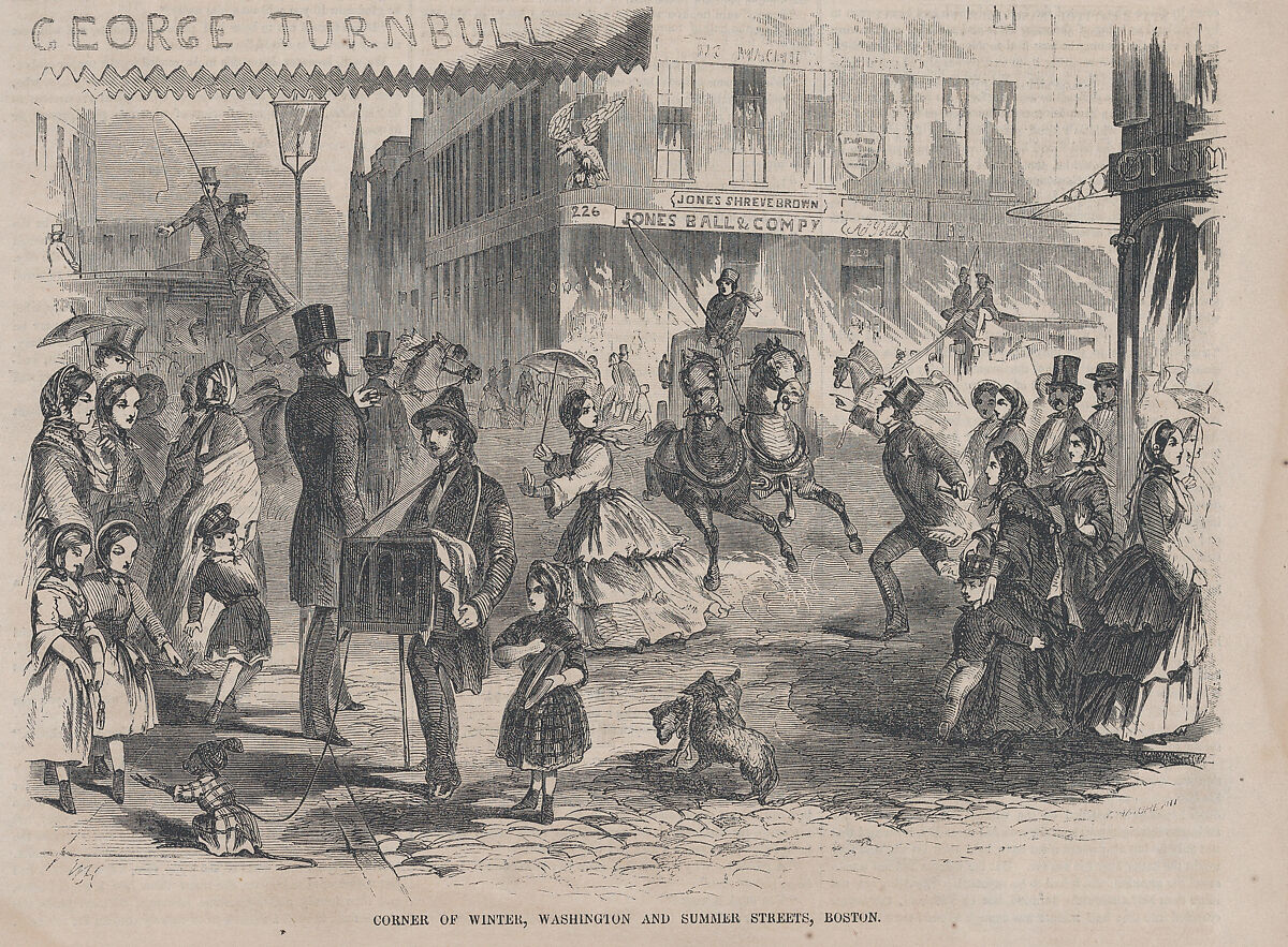 Corner of Winter, Washington and Summer Streets, Boston (Ballou's Pictorial Drawing Room Companion, Vol. XII), After Winslow Homer (American, Boston, Massachusetts 1836–1910 Prouts Neck, Maine), Wood engraving