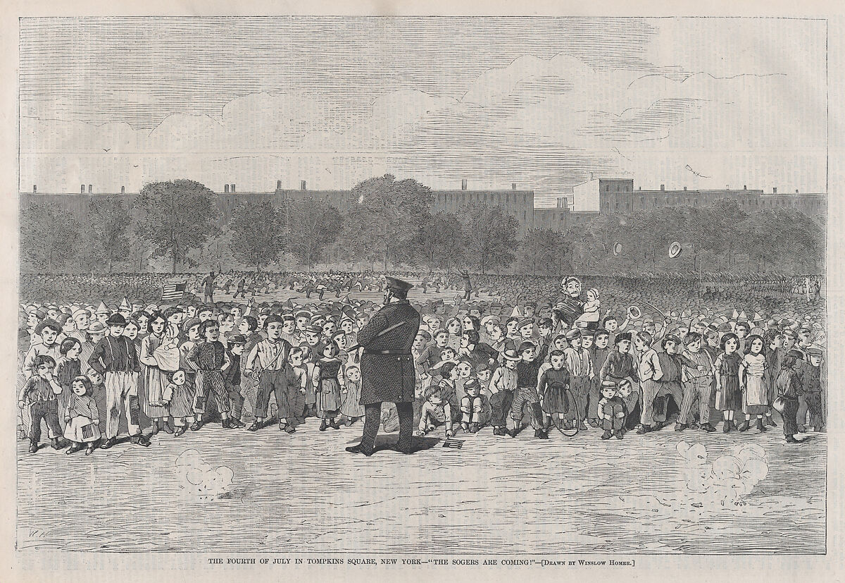 The Fourth of July in Tompkins Square, New York – "The Sogers Are Coming" (from "Harper's Bazar: A Repository of Fashion, Pleasure and Instruction," Vol. I), After Winslow Homer (American, Boston, Massachusetts 1836–1910 Prouts Neck, Maine), Wood engraving 