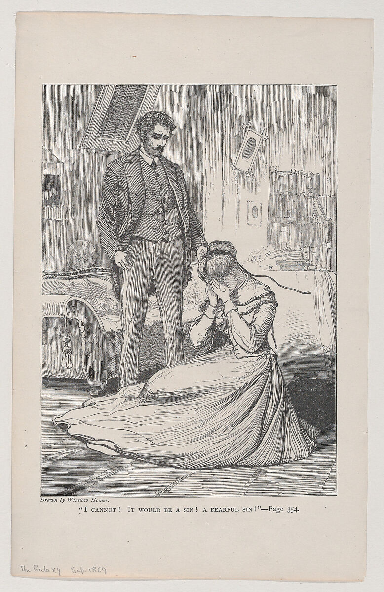 "I Cannot! It Would Be a Sin! A Fearful Sin!" (The Galaxy, An Illustrated Magazine of Entertaining Reading, Vol. VI), After Winslow Homer (American, Boston, Massachusetts 1836–1910 Prouts Neck, Maine), Wood engraving 