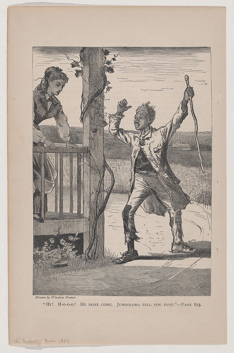 "Hi! Ho-o-o! He Done Come. Jumbolor Tell you Fust" (The Galaxy, An Illustrated Magazine of Entertaining Reading, Vol. VII), After Winslow Homer (American, Boston, Massachusetts 1836–1910 Prouts Neck, Maine), Wood engraving 