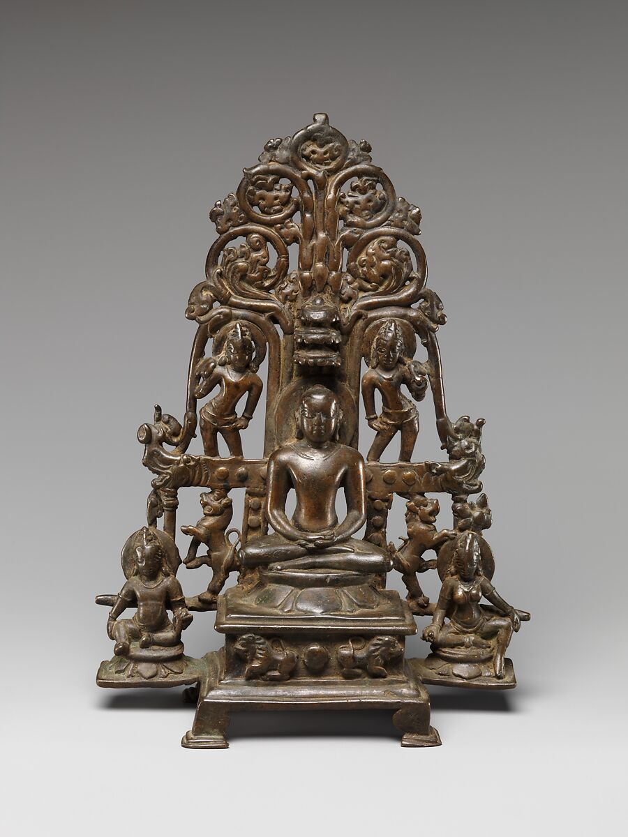 Enthroned Jina Attended by a Yaksha, a Yakshi, and Chauri-Bearers, Copper alloy, India (Karnataka) 