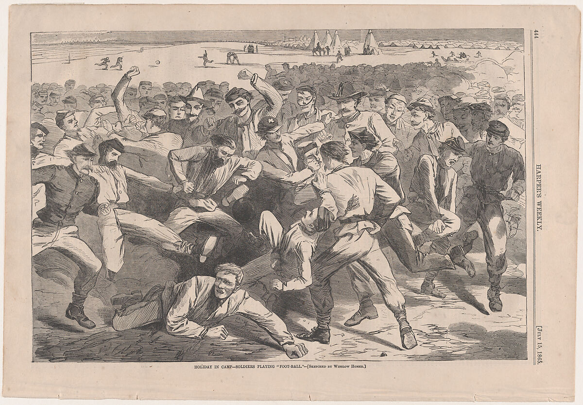 Holiday in Camp – Soldiers Playing "Foot-Ball" – Sketched by Winslow Homer (from "Harper's Weekly," Vol. IX), After Winslow Homer (American, Boston, Massachusetts 1836–1910 Prouts Neck, Maine), Wood engraving 