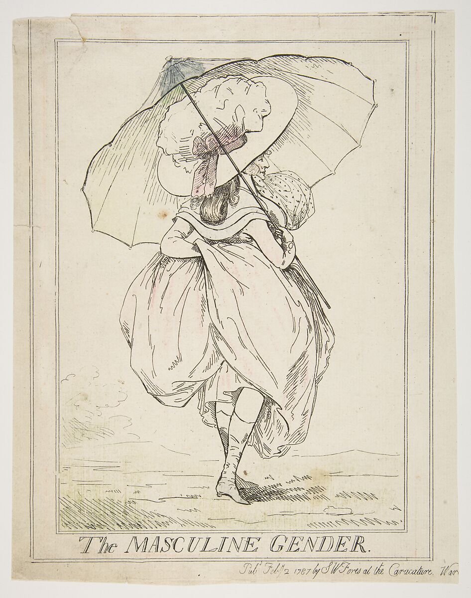 The Masculine Gender, Attributed to Henry Kingsbury (British, active ca. 1775–98), Etching with touches of watercolor 