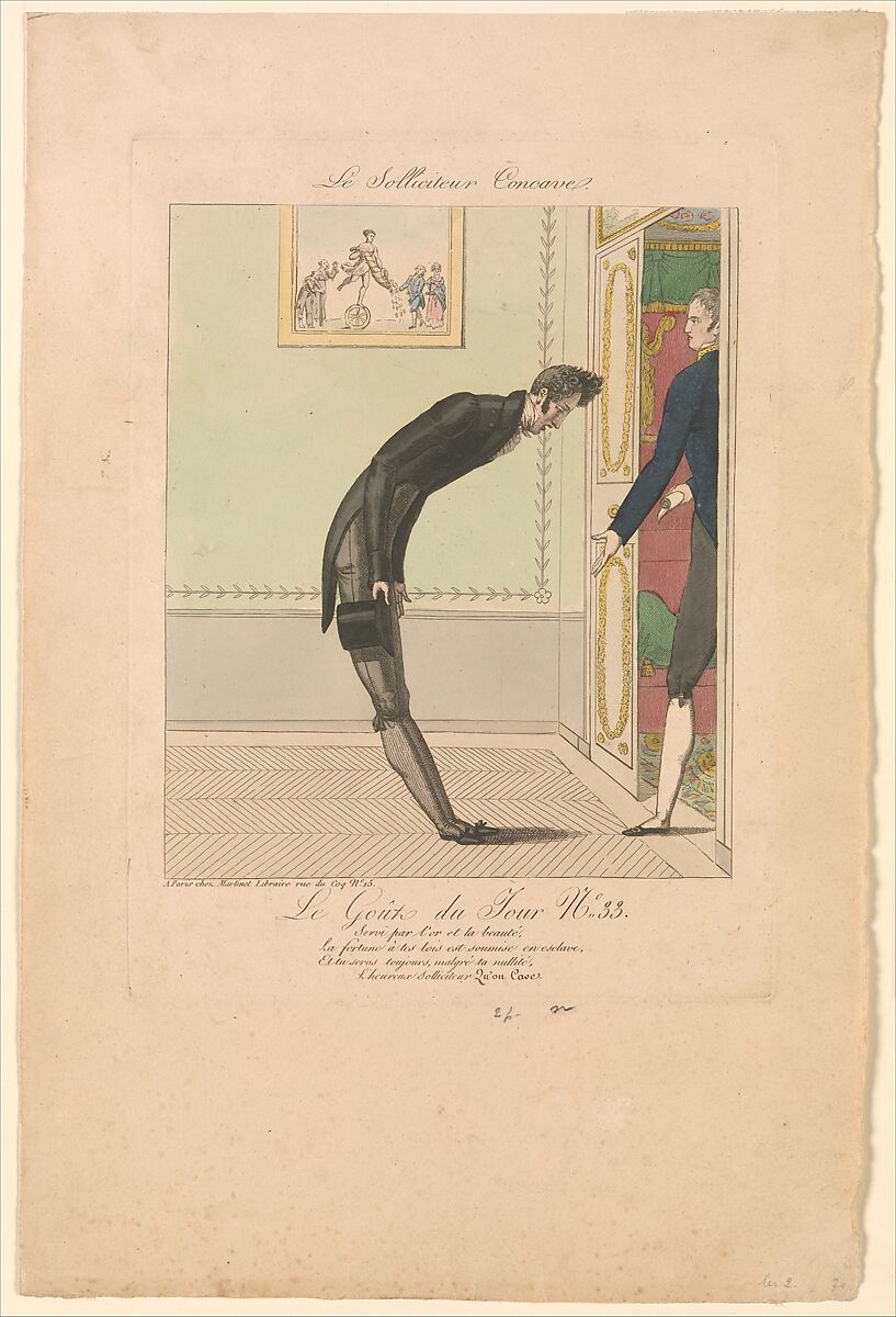 The Concave Petitioner: The Taste of the Day, no. 33 (Le Solliciteur Concave: Le Goût du Jour, No. 33), Anonymous, French, 19th century, Etching, hand-colored 