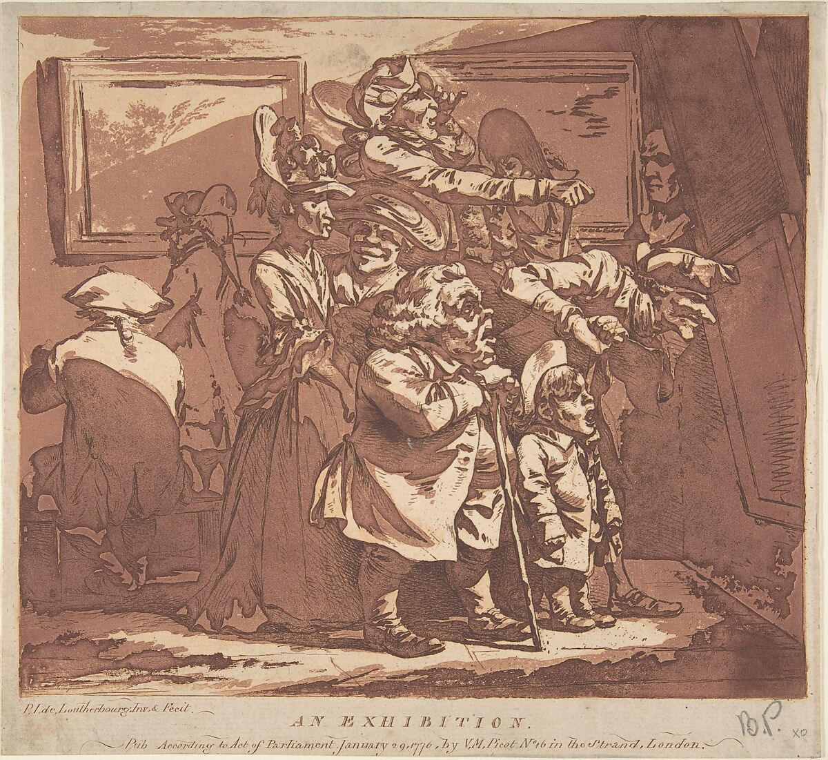 An Exhibition, Philippe Jacques de Loutherbourg (French, Strasbourg 1740–1812 London), Etching and aquatint, printed in sanguine ink; second state 