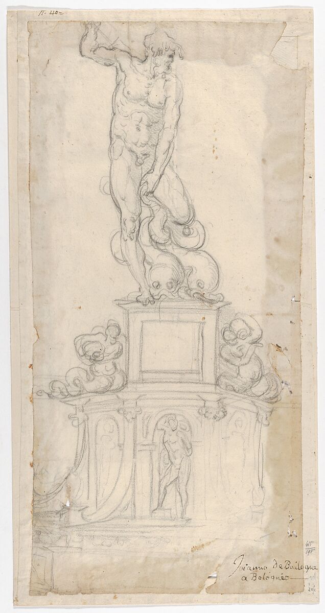 Study for a Sculpture of Neptune, Giambologna (Netherlandish, Douai 1529–1608 Florence), Black chalk (recto); fragment of a design in black chalk (verso) 
