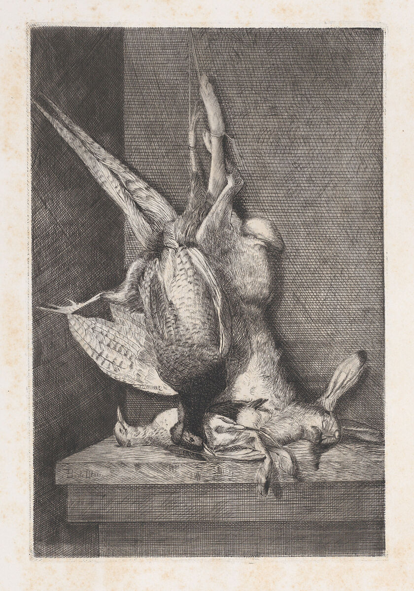 Hunting trophy with game birds and rabbit, from "L'Artiste", Charles- Alphonse Deblois (French, Paris, 1822–ca. 1883), Etching 