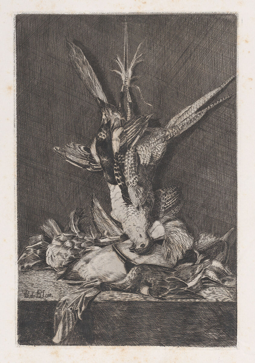 Hunting trophy with game birds and artichoke, from "L'Artiste", Charles- Alphonse Deblois (French, Paris, 1822–ca. 1883), Etching 