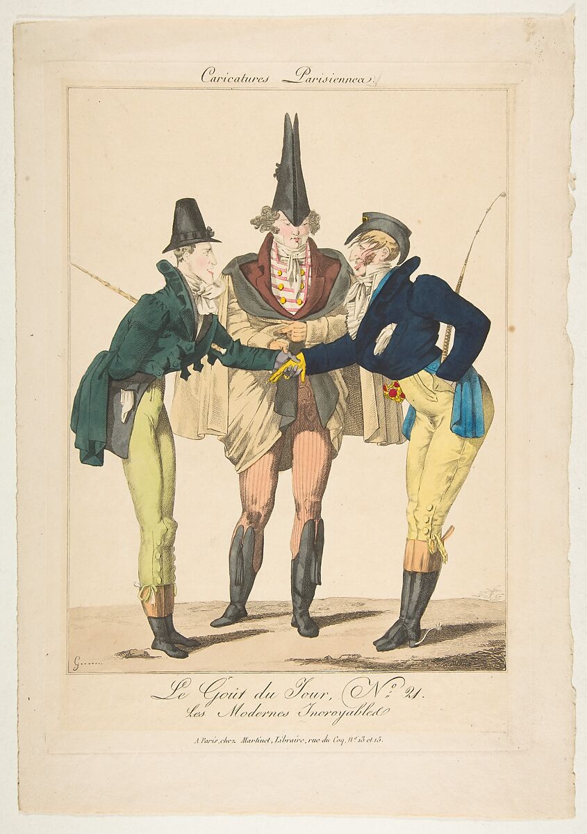 Le Goût du Jour, No. 21: Les Modernes Incroyables, from "Caricatures Parisiennes", Georges Jacques Gatine (French, Caen, ca. 1773–after 1841), Etching, hand-colored 