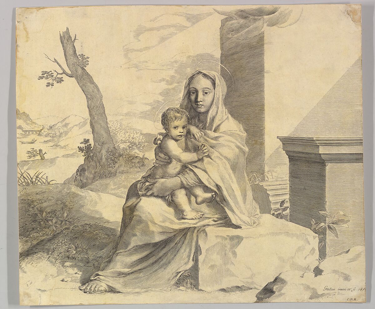 Virgin and Child Seated on a Rock (Vierge à l'Enfant dans des ruines), Claude Mellan (French, Abbeville 1598–1688 Paris), Engraving 