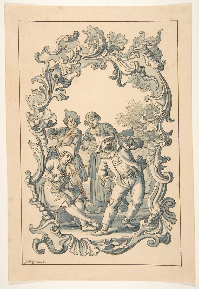 Three Musicians and Harlequin in an Ornamental Frame, Georg Philipp Rugendas II (German, Augsburg 1701–1774 Augsburg), Pen and brown ink, brush and blue-gray wash; framing lines in pen and brown ink 