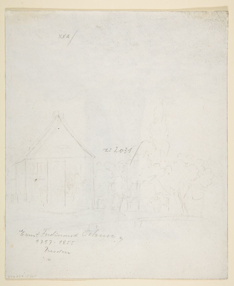 Study of a Tree; verso: Study of Houses, Ernst Ferdinand Oehme (German, Dresden 1797–1855 Dresden), Graphite
