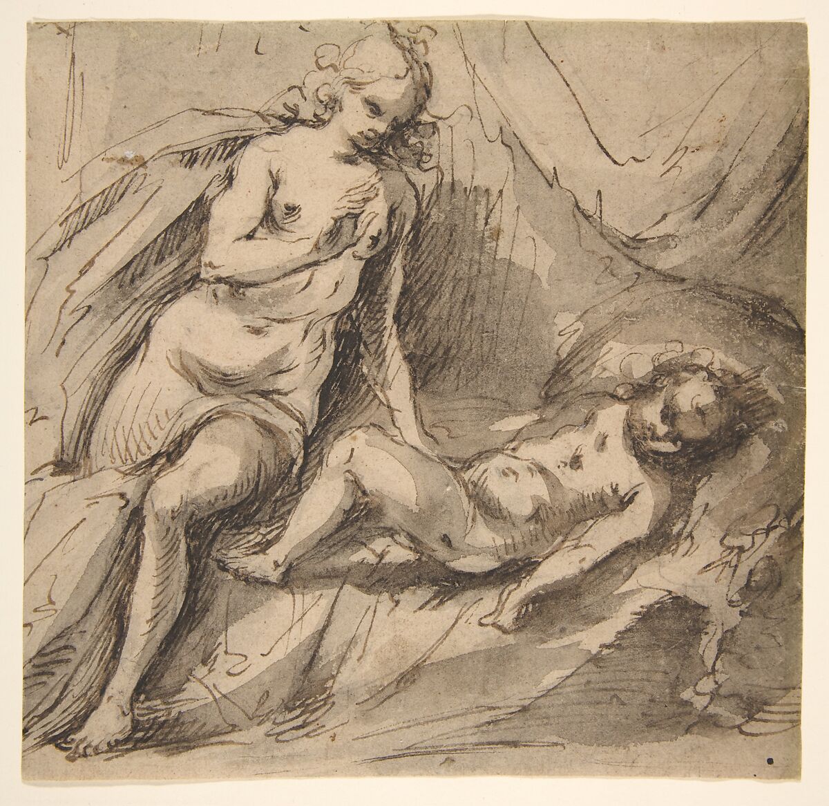Venus and Sleeping Cupid, Hans Stutte (German, active Lübeck, died before 1625), Pen and dark brown ink, brown wash 