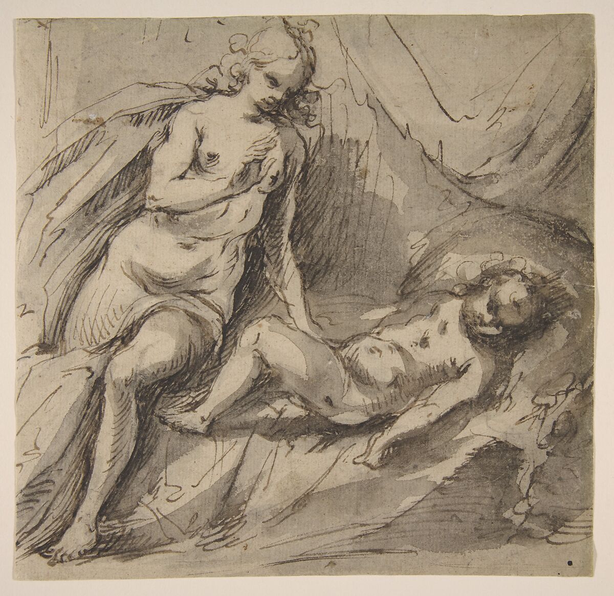 Venus and Sleeping Cupid, Hans Stutte (German, active Lübeck, died before 1625), Pen and dark brown ink, brown wash